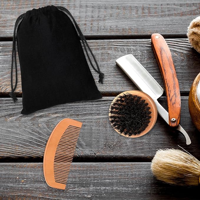 10 Sets Men's Beard Grooming Kit: Natural Boar Bristle Brush, Pear Wood Dual-Sided Wide Tooth Comb, Travel Pouch - Perfect Valentine Gift (Circle)