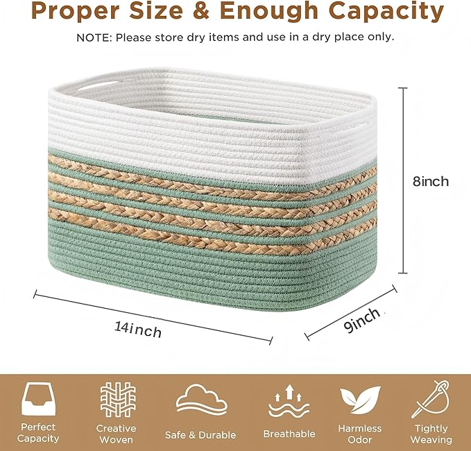 UBBCARE 3 Pack Baskets for Organizing, Woven Storage Baskets for Toys and Towel, Rectangle Cotton Rope Basket with Handles, 14''L x 8''W x9''H, Green