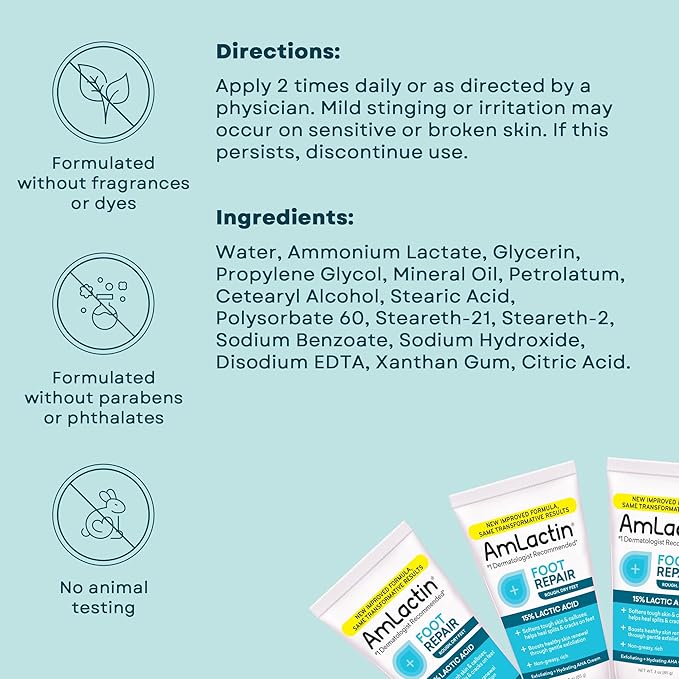AmLactin Foot Repair Cream - Therapeutic Foot Cream for Dry Cracked Heels and Feet - Callus Softener - No-Scrub Exfoliator and Moisturizer with 15% Lactic Acid AHA - 3 oz (Packaging May Vary)