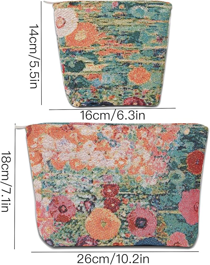 BOCGRPU 2 PCS Makeup Bag Small Cute Cosmetic Bags for Women，Floral Travel Toiletry Bag for Purse, Large Canvas Cosmetic Pouch Makeup Organizer Tool Pouch with Zipper（Oil Painting Garden）