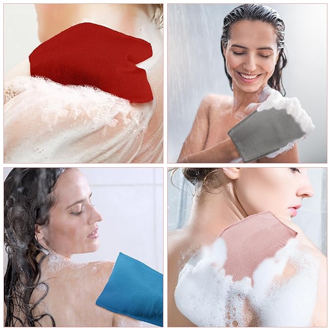 Tatuo 12 Pack Korean Exfoliating Mitt & Cloth, Viscose Rayon Dead Skin Remover Washcloth, Multi Color Body Scrub Towel for Shower Spa Travel(Small,Pink, Brick Red, Gray, Blue)