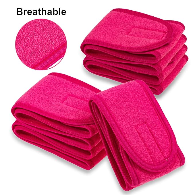 Whaline Spa Facial Headband 4 Packs Head Wrap Terry Cloth Headband Adjustable Stretch Towel Band for Bath, Makeup and Sport (Rose Red)