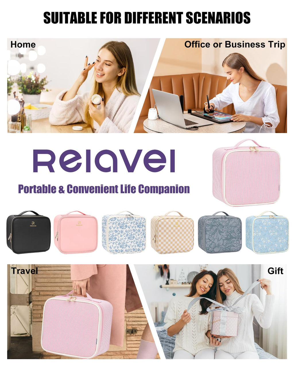 Relavel Travel Makeup Bag With LED Mirror, Portable Cosmetic Bag Organizer with Adjustable Brightness in 3 Color Scenarios, Small Cute Train Case with Detachable Dividers for Trip- Pink Strip