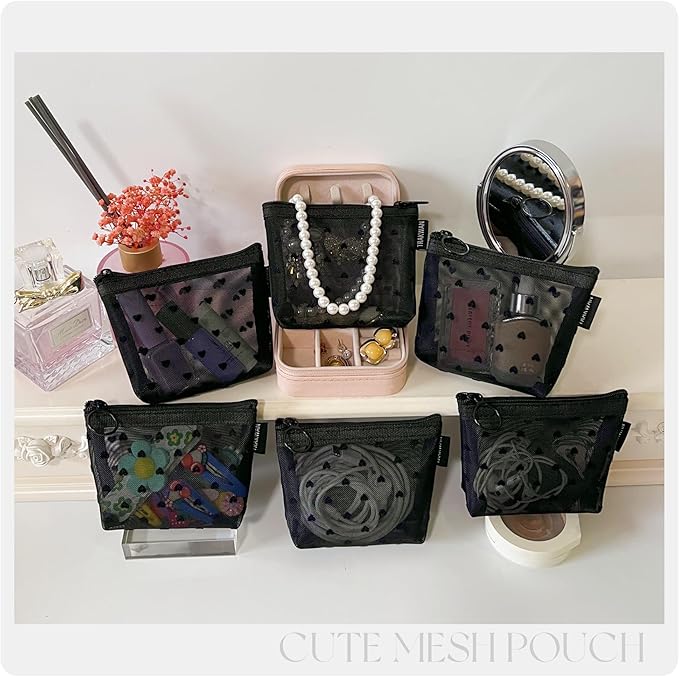 TRAKWAN Mini Mesh Heart Makeup Bag Set, Mesh Cosmetic Bags with Zipper, Makeup Lipstick Cosmetic Accessories Organizer Bag, Mesh Pouch for Travel (Black-6pcs)
