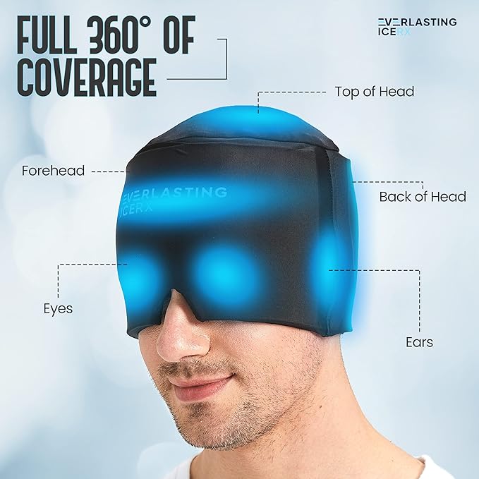 Form Fitting Gel Ice Headache Relief Hat - Cold Therapy Headache Relief Cap/Ice Head Wrap Ice Pack Mask, Cold Compress Headache Relief Cap for Tension & Stress, 20% More Gel, Migraine Relief Black