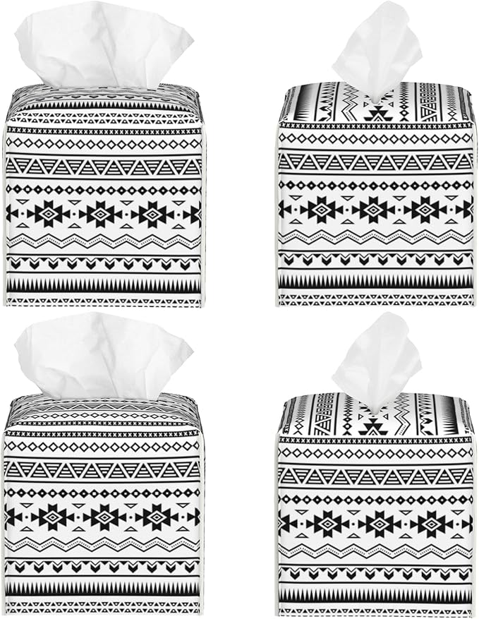 Boho Black White Geometric Tissue Box Cover Square,Abstract Tribal Symbol Tissue Box Holder Waterproof Leather Facial Paper Organizer Dispenser for Bathroom Home Car Nightstand Vanity Desk