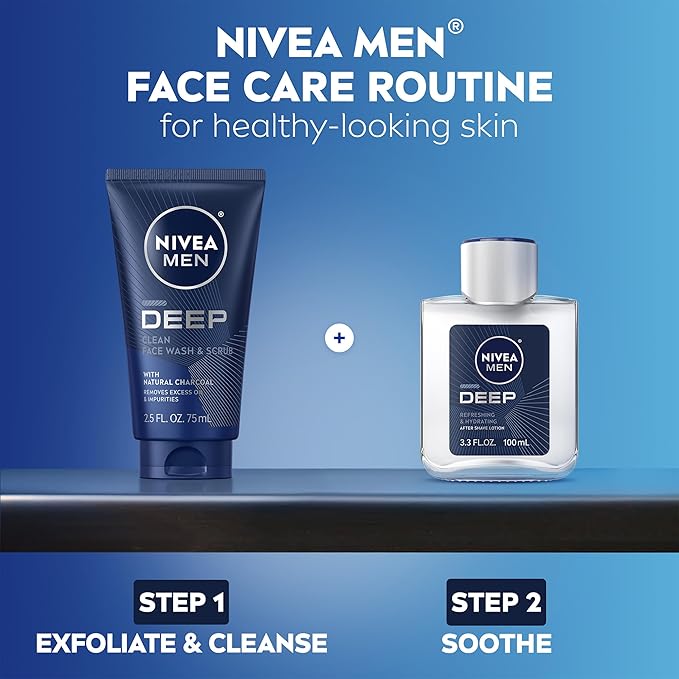 NIVEA MEN Deep Clean Face Wash and Scrub with Natural Charcoal, Exfoliating Face Wash for Men Removes Excess Oil, Dirt and Impurities, Beard Friendly Skin Care, 2.5 Fl Oz Tube, Pack of 3