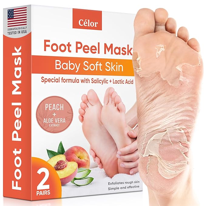 CÉLOR Foot Peeling Mask for Dry Cracked Feet | Foot Mask to Exfoliate Rough, Cracked, Dry Feet, Calluses for Soft Baby Feet Results | Made with Aloe Vera Extract for Women & Men (2 Pairs) | Peach
