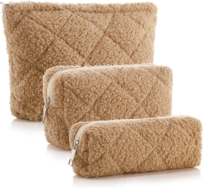 Paterr 3 Pcs Quilted Makeup Bag Set Back to School Favor Small Bridesmaid Cosmetic Bag Aesthetic Travel Pouch Cute Purse Pencil Case Makeup Storage Organizer for Women Birthday Gift(Fuzzy,Khaki)