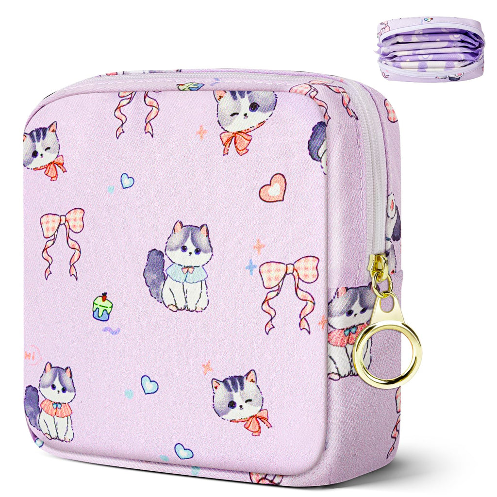 Likesing Tampon Holder for Purse, Canvas Period Bag Pouch-Bow-Tie Wink Cat