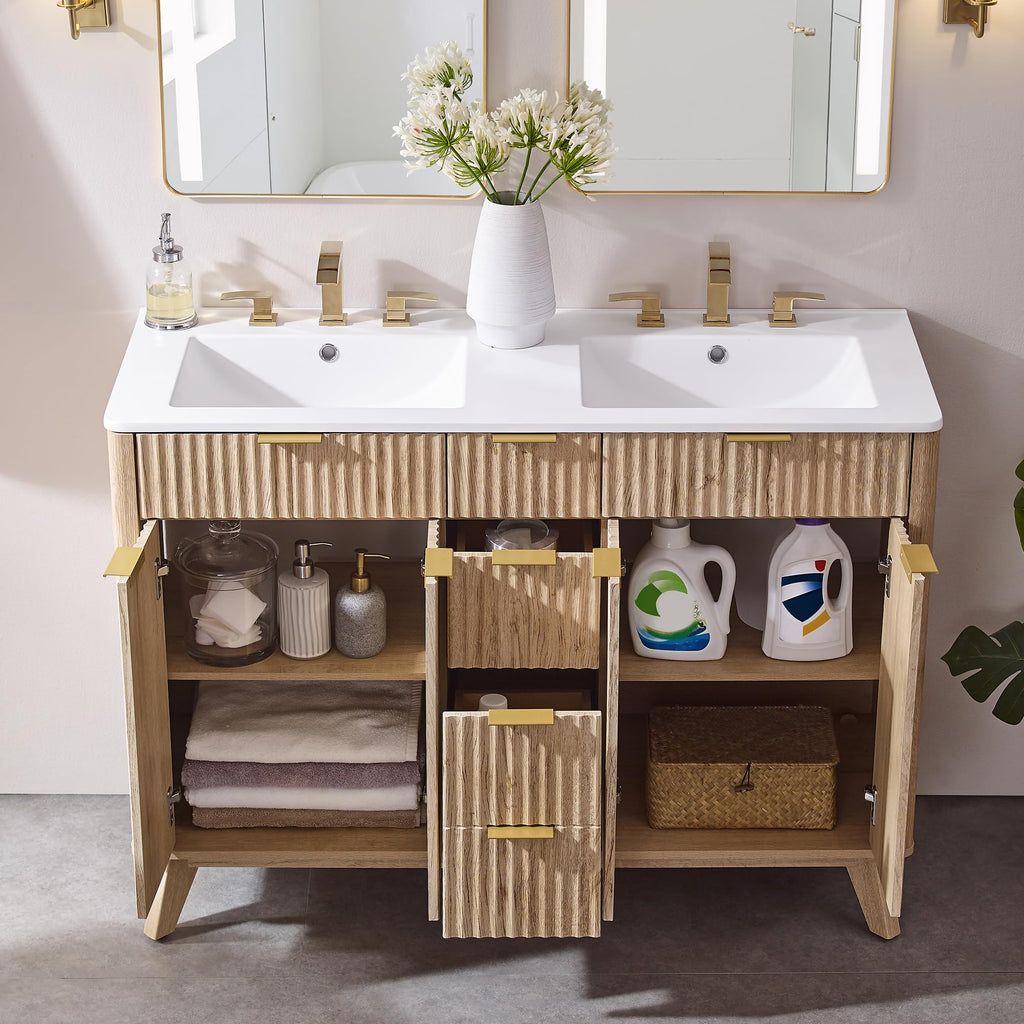 T4TREAM 48" Fluted Bathroom Vanity with Resin Sink Combo, Natural Oak