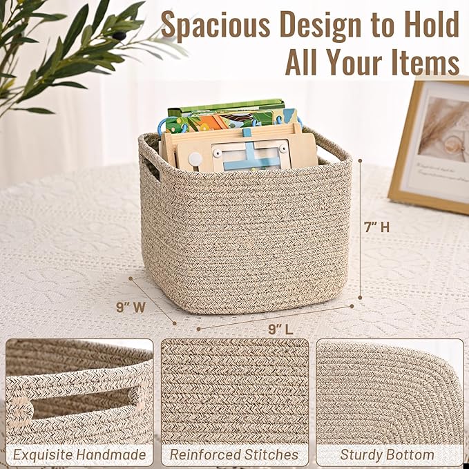 3 Pack Cube Storage Bin, 9”x9”x7” Cotton Rope Woven Baskets for Organizing Toys Clothes Towels, Square Gift Storage Baskets for Shelf, Nursery, Closet, Bathroom, Pantry (Jute)