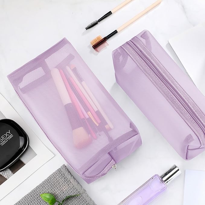 Boao 6 Pieces Mesh Makeup Bags Mesh Cosmetic Bag Portable Travel Organizing Zipper Pouch Toiletries Makeup Pouches for Home Office Travel Accessories(Light Purple)