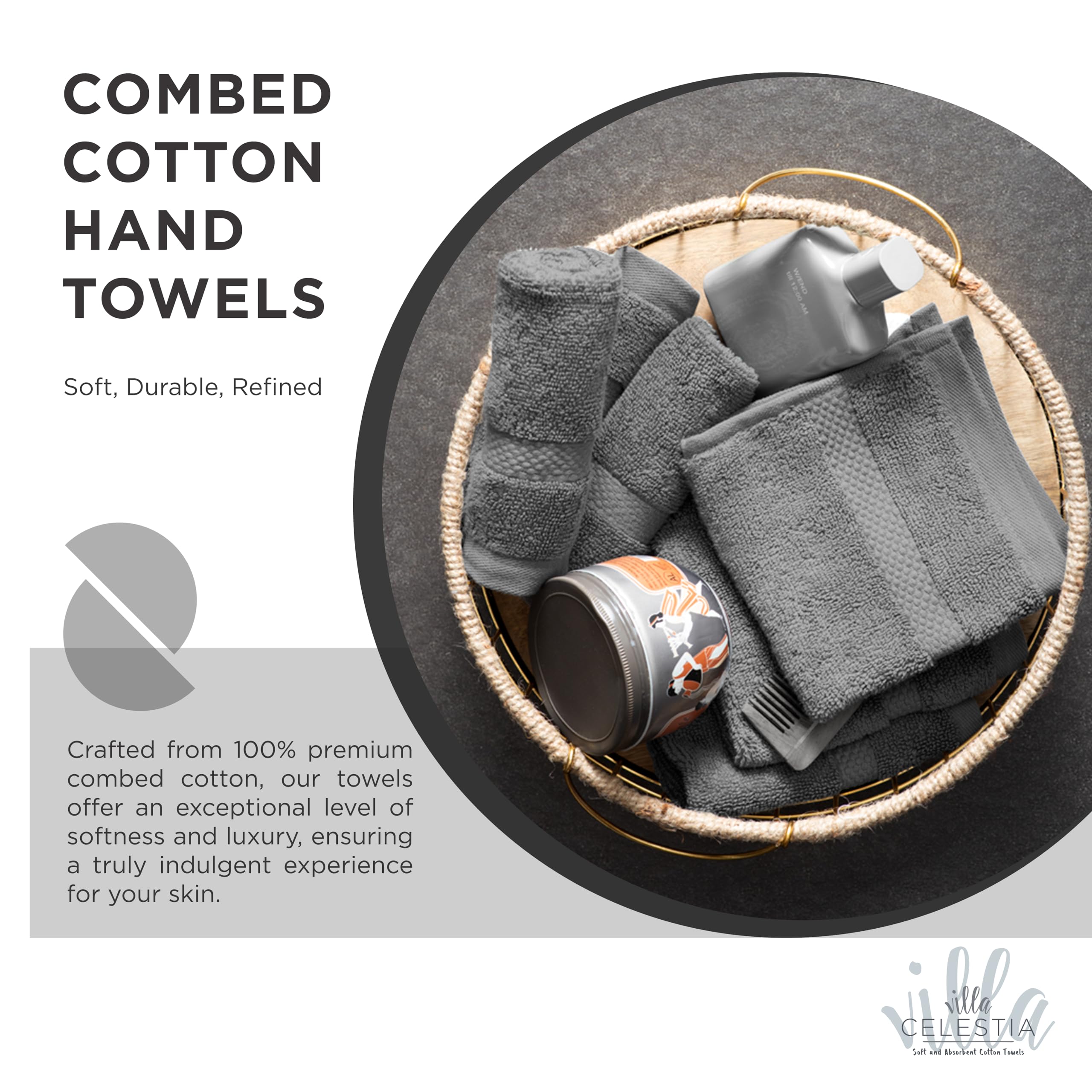 Villa Celestia Cotton Hand Towels Set of 4, 16 x 28, Oeko-TEX Certified, Quick Dry, Grey