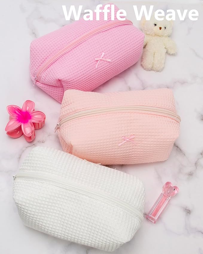 PAZIMIIK Cozy Makeup Bag for Women,Zipper Cosmetic Pouch,Waffle Pink