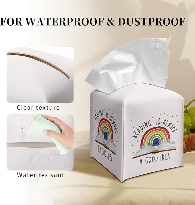 Grace Yonks Cute Tissue Box Cover Square - Rainbow & Book “Reading is Always a Good Idea” Design 5.2" PU Leather Holder for Vanity, Desk, Bathroom Counter - Cube Case for Facial Tissues(016)