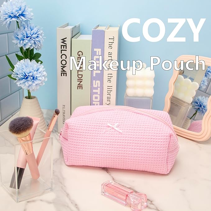 Cozy Makeup Bag for Women,Zipper Cosmetic Pouch,Waffle Candy Pink,2 Pack
