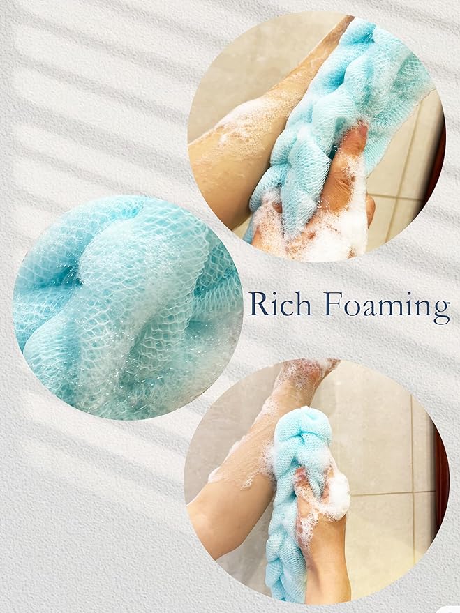 Long Stretch Back Sponge with Rope Handles Back Scrubber Bath Shower Mesh Sponge Exfoliating Body Scrub Stretch Braided Loofah for Men and Women(2-Pack,Blue Green)
