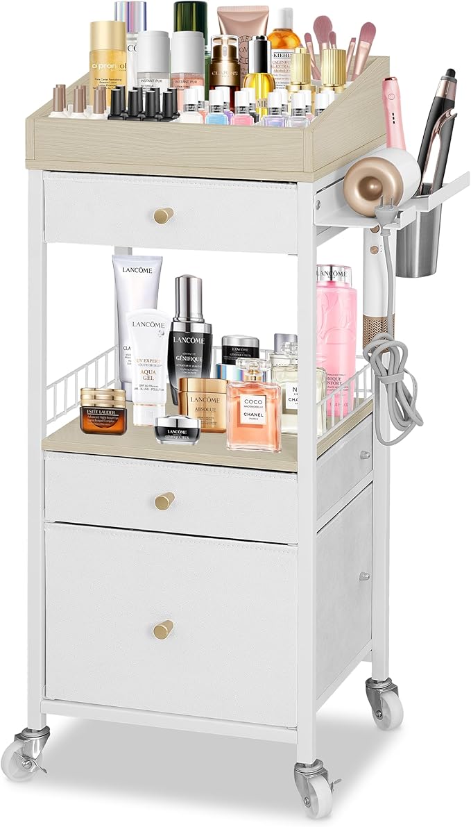 NauwaBarn Makeup Organizer Cart with 3 Drawers, Large Cosmetic Organizer with Detachable Hair Tool Holder, Makeup Cabinet Cosmetic Display Cases for Skin Care Perfume Nail Polish, White & Natural