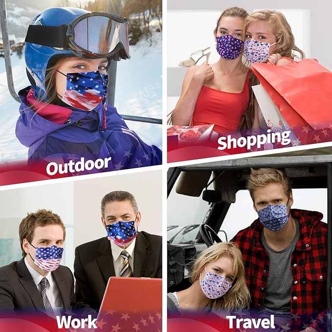 Disposable Face Mask for Adults - USA Flag Designs Masks, 4 Ply Masks Disposable 50 Pack, Colorful Dust Protective Breathable Individually Wrapped FaceMask for Women Men