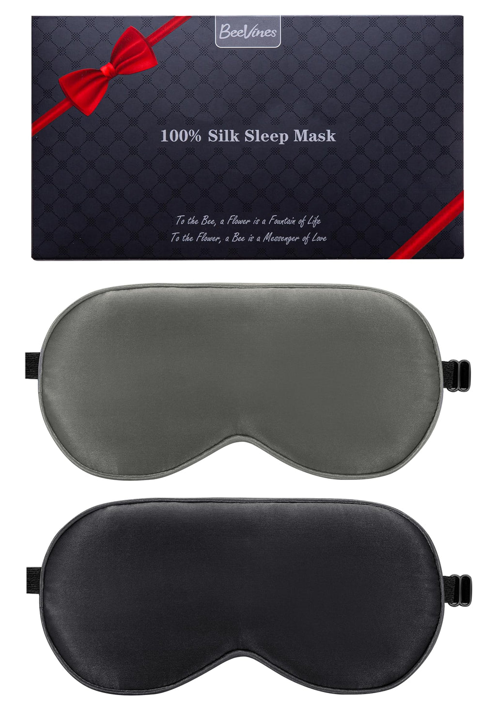 BeeVines 100% Real Mulberry Silk 2 Pack Sleep Mask, Pure Silk Eye Masks with Adjustable Strap for Sleeping, Block Light Eye Shade Cover, Reduces Puffy Eyes Traveling Gifts(Black & Galaxy Grey)
