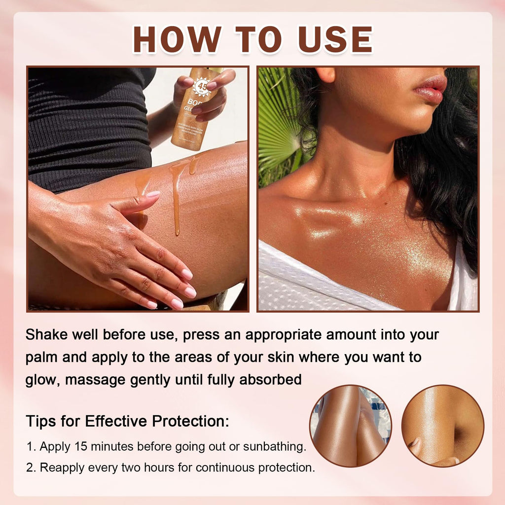 LZXLUKGIR Shimmer Body Oil,SPF 45 Broad Spectrum,Shimmer Sunscreen with Rose Gold Mica,Lightweight Non-Sticky Body Glow Oil,Absorbs Quickly,3.72 fl oz,ROSE