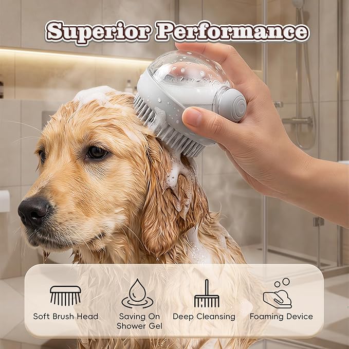 Dog Bath Scrubber Brush, 2Pcs Pet Dog Grooming Massage Shampoo Bath Brush with Soap and Shampoo Dispenser Soft Silicone Bristle for Long Short Haired Dogs Cats Shower-Pink