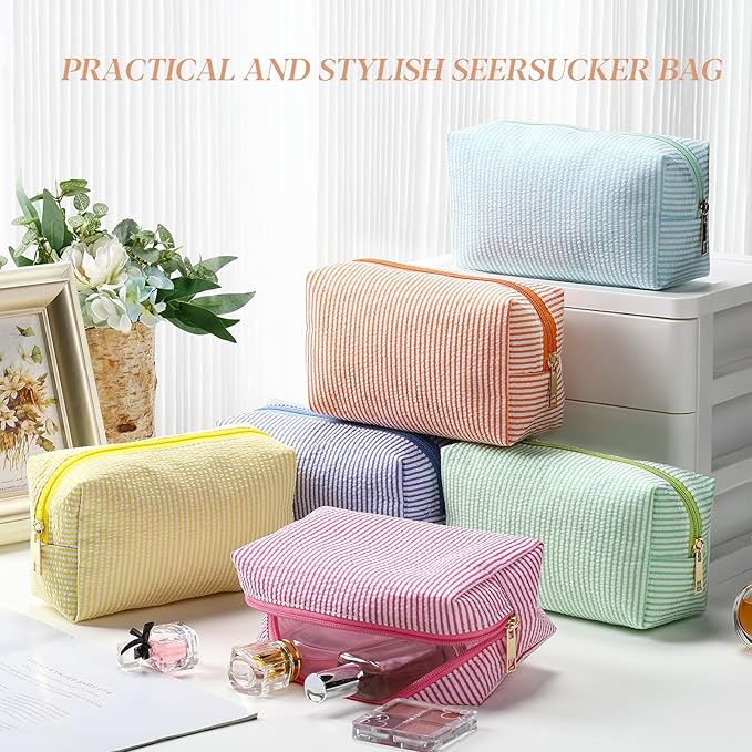 Sanwuta 6 Pcs Seersucker Cosmetic Bags Bulk Seersucker Makeup Bags Stripe Women Pouch Large Preppy Storage Pouch Toiletry Travel for Wedding Bridesmaid Bride Favor Back to Teacher Gift (Rainbow)