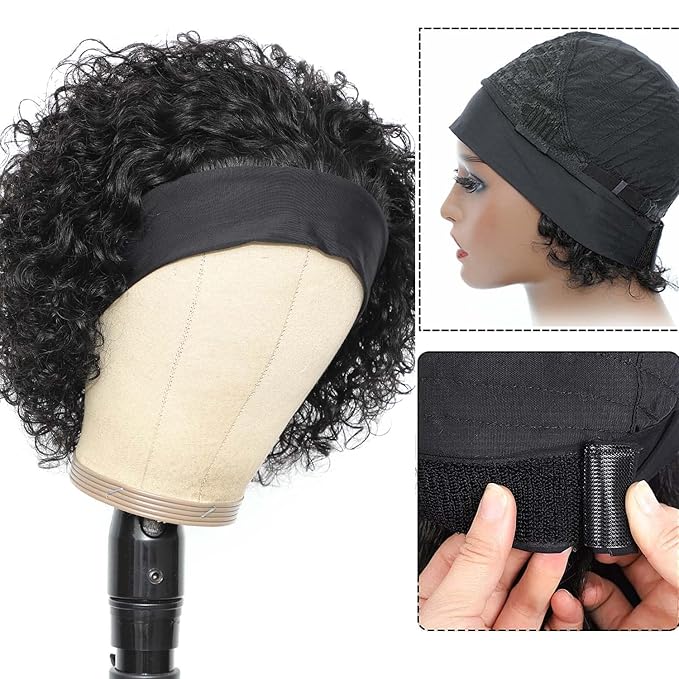 Headband Wig Human Hair Wigs for Black Women Pixie Cut Wig Put on and Go Glueless Wig Short Curly Headband Wigs 150% Density Natural Black 6 Inch