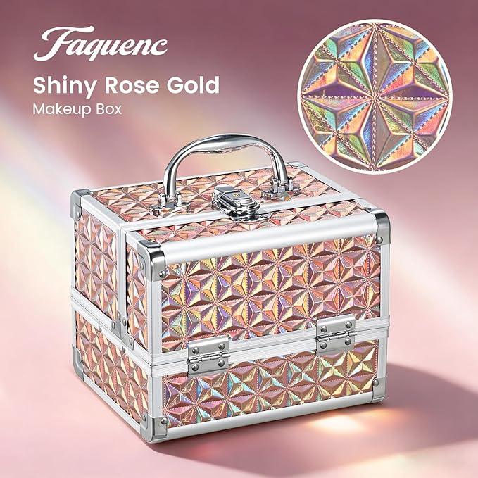 Faquenc Makeup Case with Lighted Mirror - Shiny Gold Hard Makeup Train Case with 3-Color LED Mirror, Portable Makeup Organizer Box for Women & Travel, Aluminum Cosmetic Case with Lock