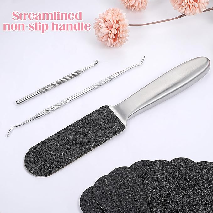 Professional Pedicure Foot File, Dual Sided Callus Cracked Remover Feet File Stainless Steel Foot Hard Skin Feet Rasp with 12 Pcs Replaceable Pads and Pedicure Tools for Women Men Corns Callus Cracked