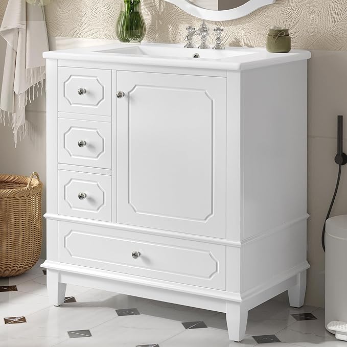 30" Bathroom Vanity with Sink, Harper & Bright Designs Free Standing Single Vanity Set with 3 Drawers and One Door with Storage Racks, Solid Wood Storage Cabinet with Ceramic Basin for Bathroom, White