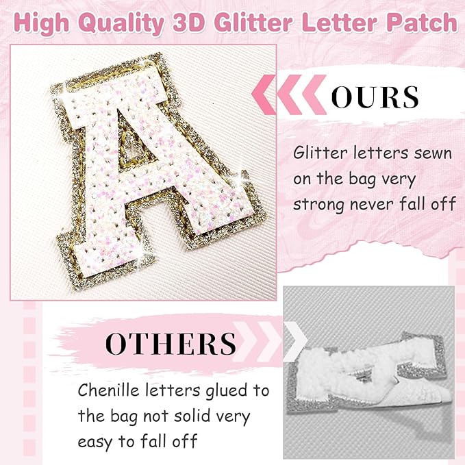 Small Initial Patch Makeup Bag Personalized Gifts Make Up Bag,White Cute PU Leather Glitter Letter Cosmetic Bag with Zipper,Trendy Portable Travel Toiletry Pouch,Preppy Stuff for Teen Girls Women K