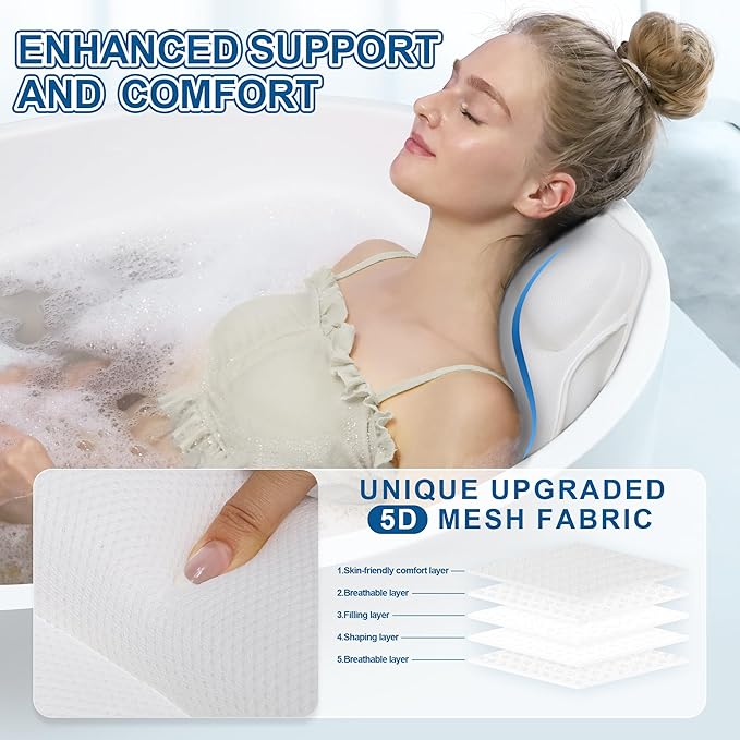 Poemland Full Body Bath Pillow for Tub - Extra Long & Thick Tub Pillow with Head, Back & Lumbar Support, 168 Non-Slip Suction Cups, Soft 5D Mesh Spa Cushion, Fits All Tubs-Gift for Soaking(White)