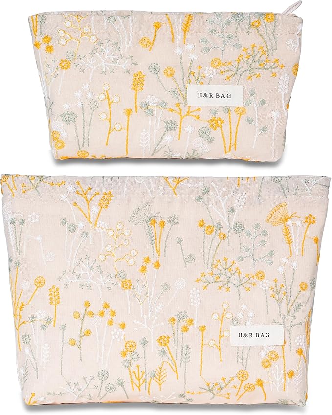 BOCGRPU 2 Pcs Floral Embroidery Cosmetic Bag Travel Makeup Organizer for Women, Foldable Toiletry Bag with Large Storage, Stylish Gift for Her（Dasiy Yellow）