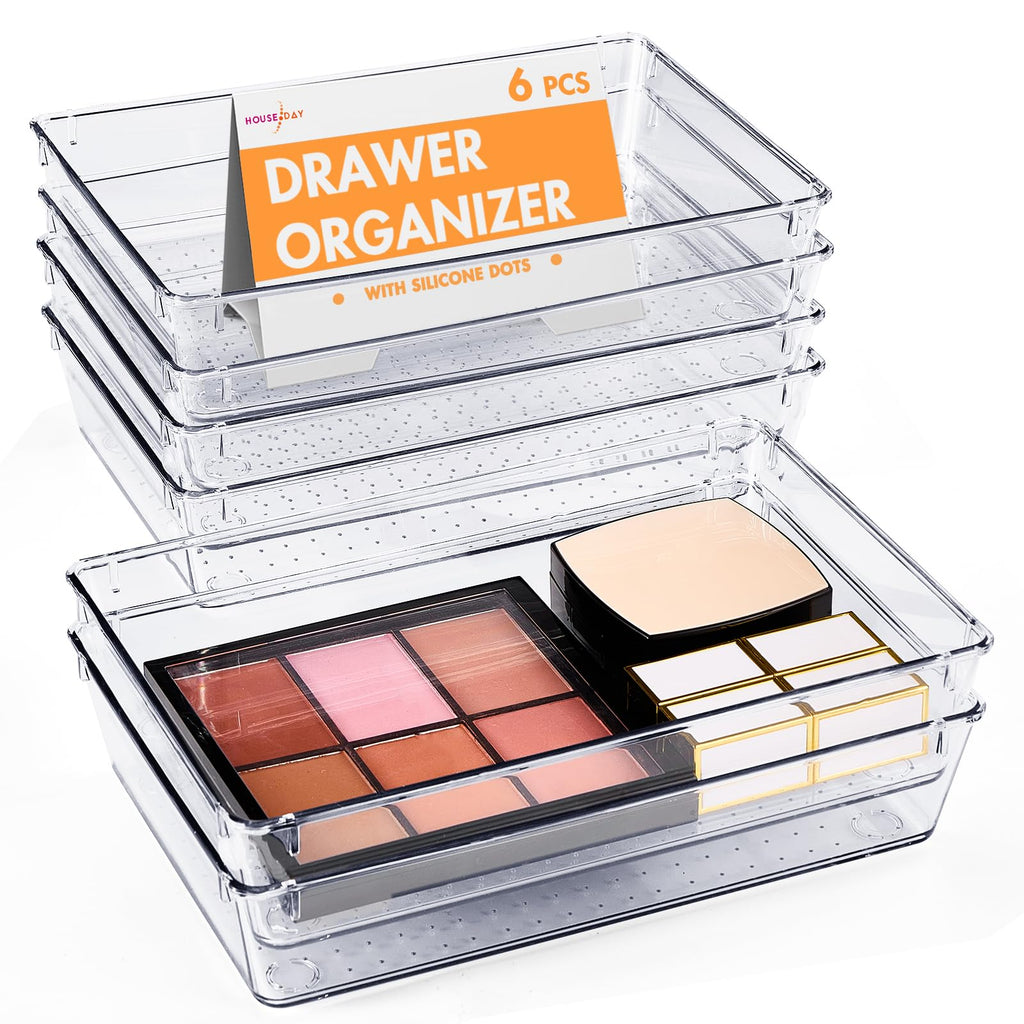 HOUSE DAY Desk Drawer Organizer Bins 6 PCS, 9*6*2" Clear Drawer Organizers with Silicone Pads, Vanity Organizers and Storage, Non Slip Plastic Drawer Organizer for Makeup, Bathroom, Kitchen, Office