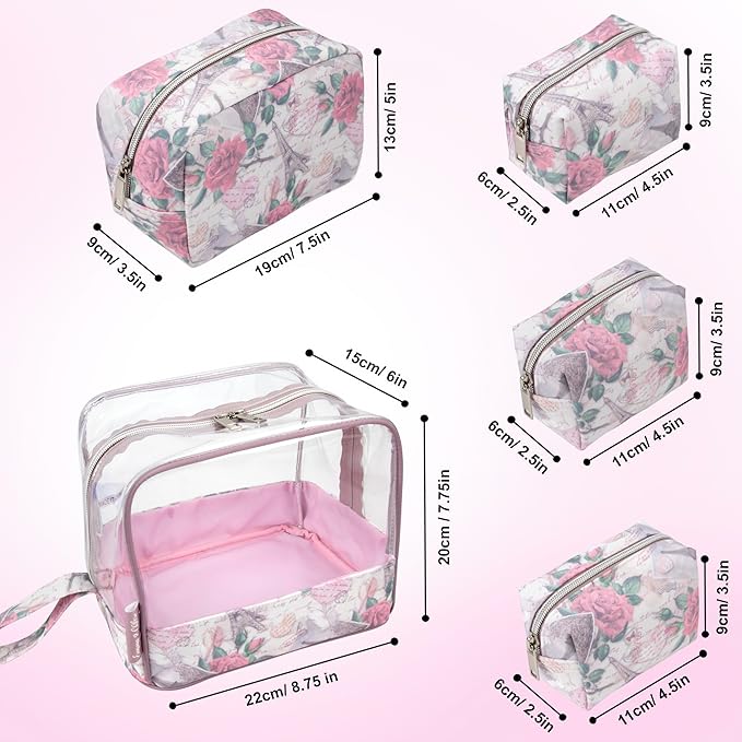 Emma & Chloe Travel Toiletry Bags for Women, 5 Piece Waterproof Cosmetic Case, Bag, Pouch Makeup Organizer Set for Women, Home Counters (Paris Rose Postcards)