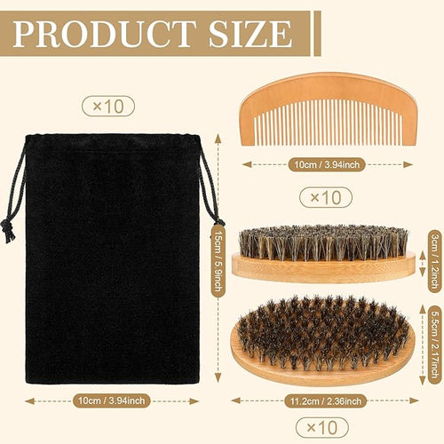 10 Sets Grooming Kit for Men - Natural Boar Bristle Brush, Pear Wood Dual-Sided Wide Tooth Comb, and Travel Pouch (Oval Shape) for Beard Care