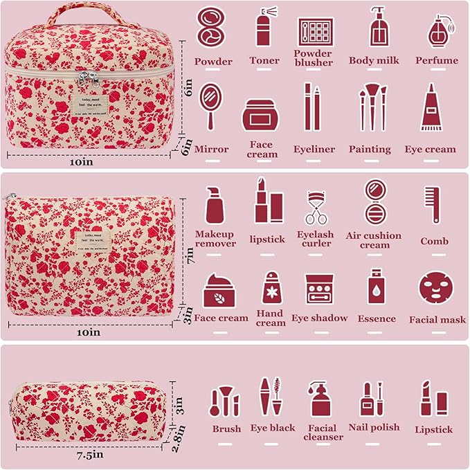 Gosect 3pc Makeup Bag Set, Quilted Makeup Bag Set, Large Floral Cosmetic Bag for Women, Cute Cotton Makeup Bags, Flower Travel Toiletry Organizer Bag (Bright Pink)