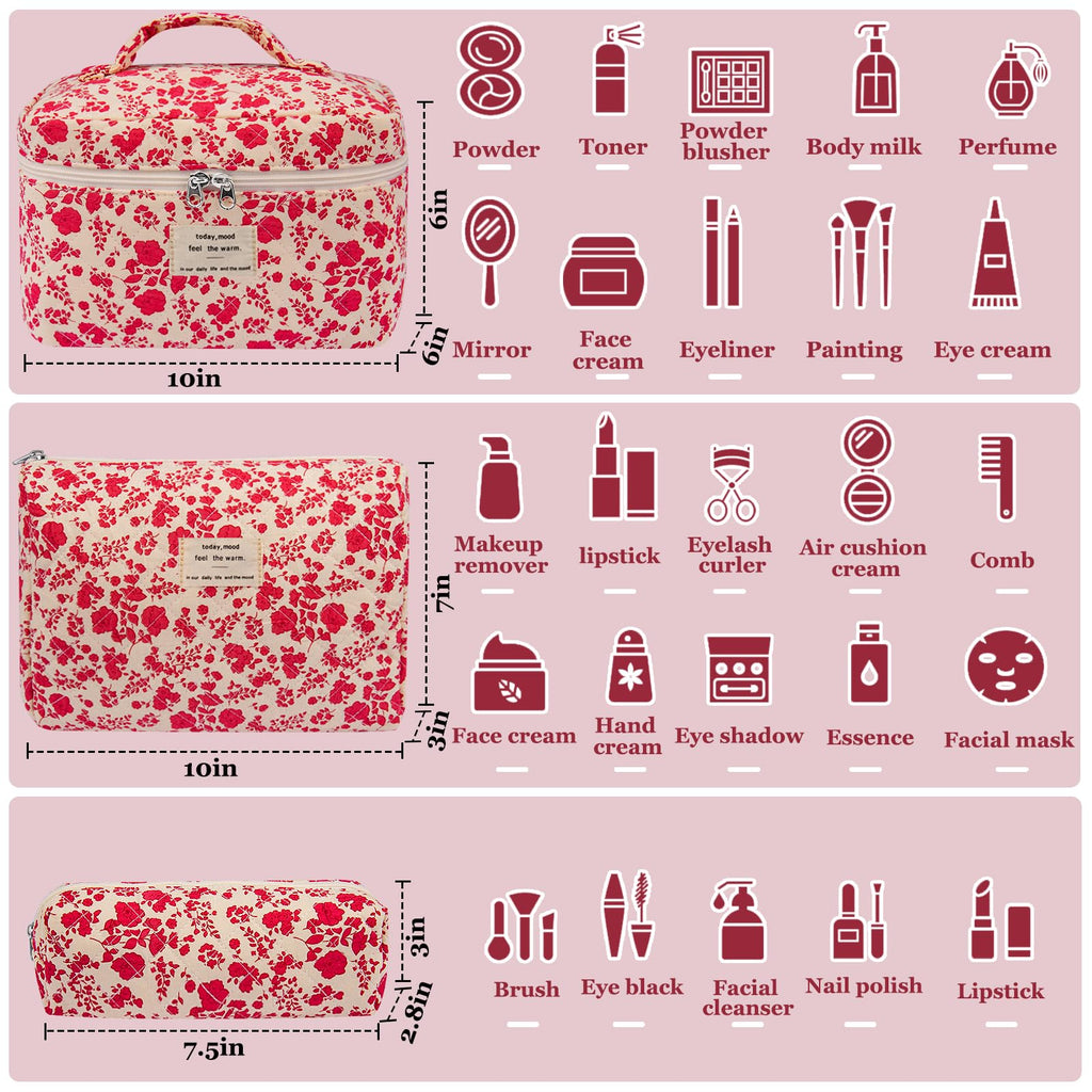 Gosect 3pc Makeup Bag Set, Quilted Makeup Bag Set, Large Floral Cosmetic Bag for Women, Cute Cotton Makeup Bags, Flower Travel Toiletry Organizer Bag (Bright Pink)