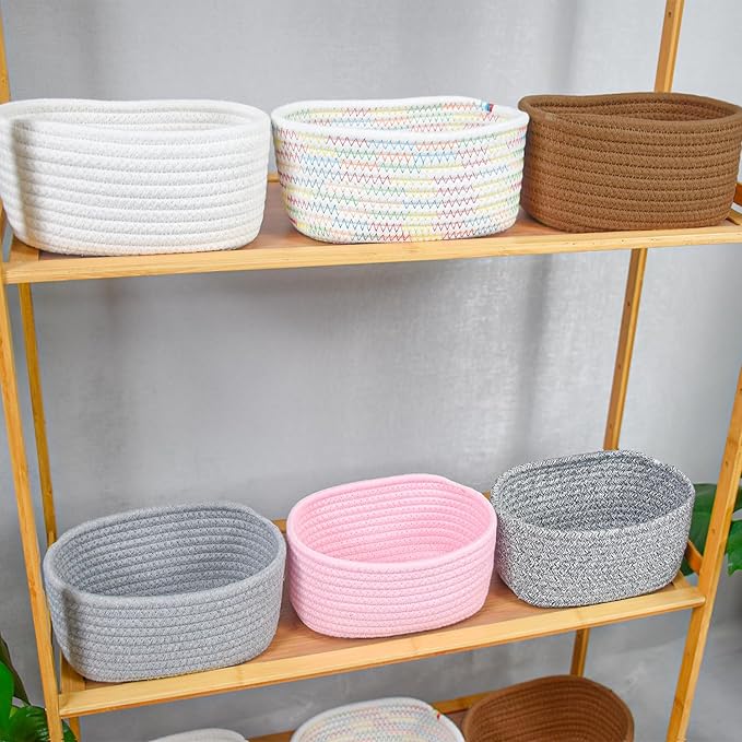【2 Pack】ABenkle Small Woven Baskets, Tiny Oval Shallow Storage Baskets, Mini Cotton Rope Empty Decorative Basket, Boho Little Organizer Bins for Bathroom, Cat Dog Toy Gifts Baskets