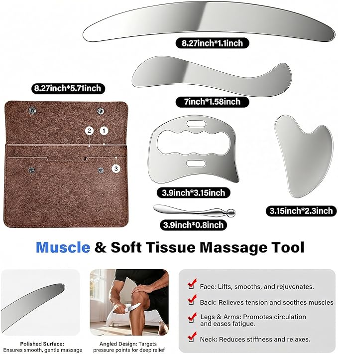 304 Stainless Steel Guasha Muscle Scraper Set, 5 in 1 Gua Sha Massage Kit and Derma Edge Scraping Tools for Physical Therapy- Deep Tissue Massage Scraper Tool for Body and Face Relaxation (Brown)