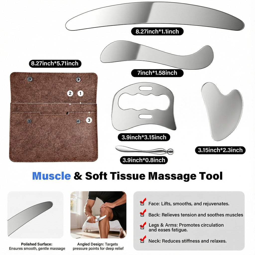 304 Stainless Steel Guasha Muscle Scraper Set, 5 in 1 Gua Sha Massage Kit and Derma Edge Scraping Tools for Physical Therapy- Deep Tissue Massage Scraper Tool for Body and Face Relaxation (Brown)