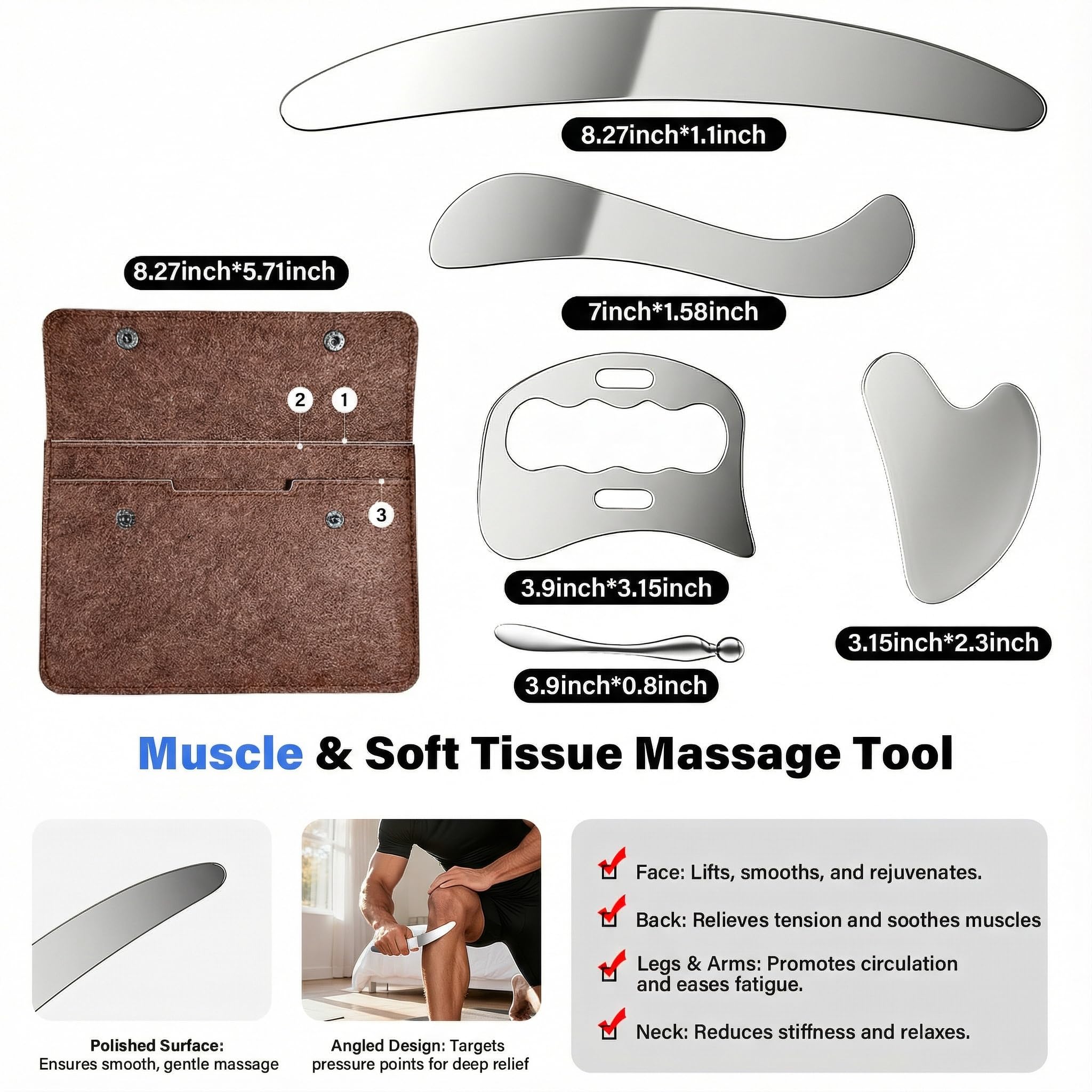 304 Stainless Steel Guasha Muscle Scraper Set, 5 in 1 Gua Sha Massage Kit and Derma Edge Scraping Tools for Physical Therapy- Deep Tissue Massage Scraper Tool for Body and Face Relaxation (Brown)