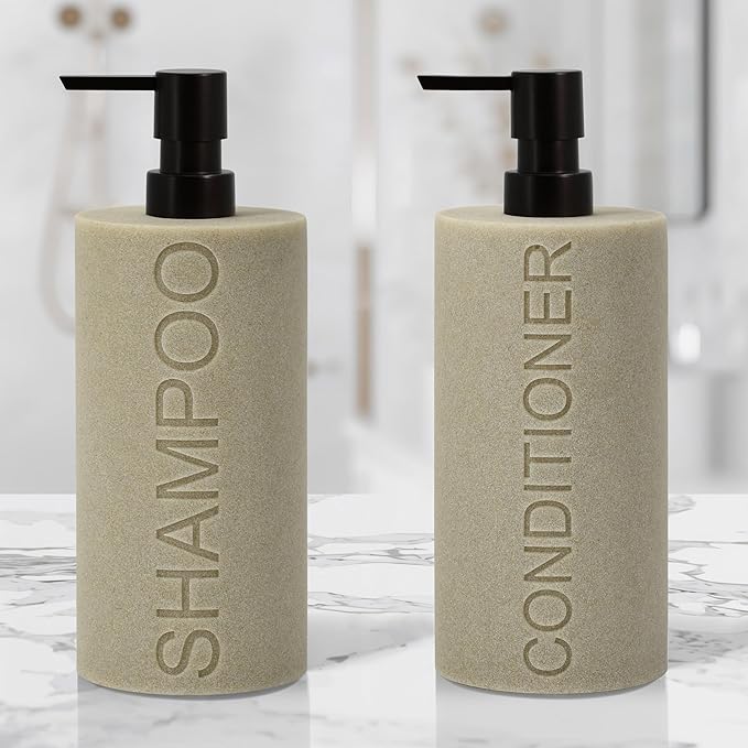 Indecor Home Resin 2 Pack Shampoo, Conditioner or Body Wash Dispenser Set, Luxurious Refillable Pump Bottles with Matte Pump Top and Embossed Text, Durable Design for Bathroom and Shower
