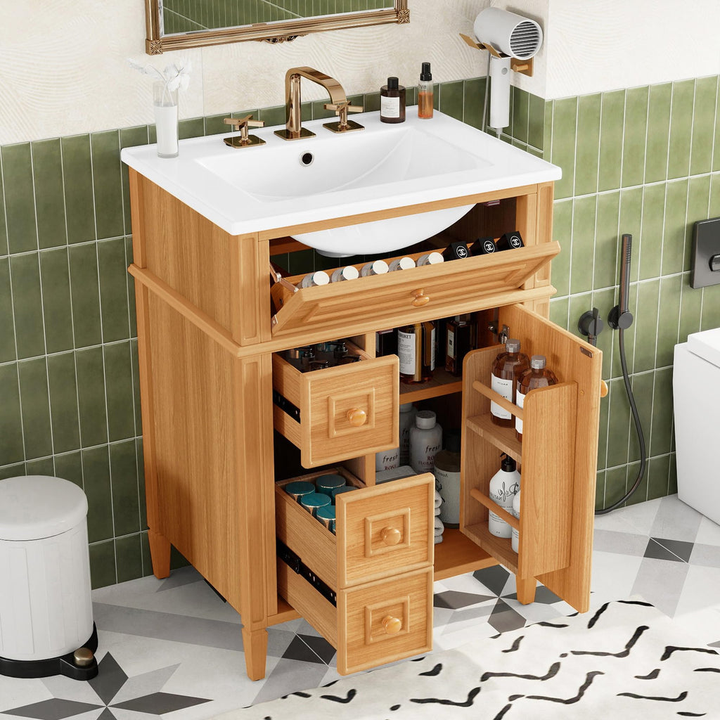 Harper & Bright Designs 24" Bathroom Vanity with Sink, Free Standing Single Basin Vanity Set with Tip-Out Drawer, 2 Drawers, and 2 Doors, Wood Bathroom Cabinet with Ceramic Basin for Bathroom, Wood