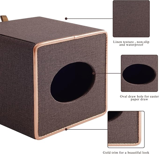 Linen Square Tissue Box Cover,Cube Tissue Box Holder－Excellent Rosegold Leather Decoration,Table Napkin Case Dispenser,Facial Tissues Organizer with Magnetic Bottom for Home Office Car(Coffee)