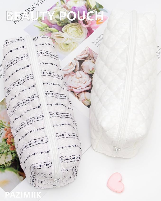 PAZIMIIK Small Quilted Makeup Bag,Zipper Cosmetic Pouch,White Floral