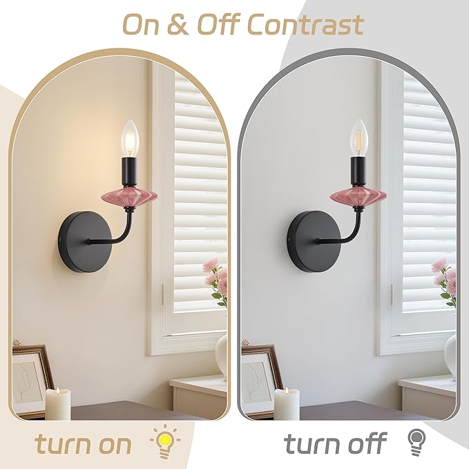 Modern Retro Wall sconces Set of Two with Pink Ceramic Flower Decoration,Black Wall Lights, Hardwired Vintage Vanity Light for Bathroom, Living Room, Bedroom, and hallways.