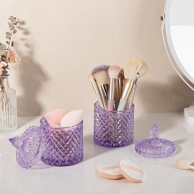 rejomiik 2 Pack Qtip Holder Apothecary Jars with Lid, Thick Glass, Purple